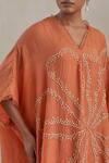 Buy_One Not Two_Orange Kaftan Crushed Silk Hand Embroidered Flower V-neck And Flared Pant Set _Online_at_Aza_Fashions