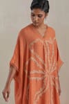 Shop_One Not Two_Orange Kaftan Crushed Silk Hand Embroidered Flower V-neck And Flared Pant Set _Online_at_Aza_Fashions