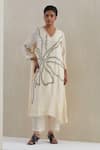 Buy_One Not Two_Off White Kaftan Crushed Silk Hand Embroidered Flower V-neck Asymmetric Set _at_Aza_Fashions