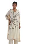 One Not Two_Off White Kaftan Crushed Silk Hand Embroidered Flower V-neck Asymmetric Set _Online_at_Aza_Fashions