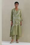 Buy_One Not Two_Green Kaftan Crushed Silk Hand Embroidered Flower V-neck Asymmetric Pant Set _at_Aza_Fashions