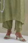 One Not Two_Green Kaftan Crushed Silk Hand Embroidered Flower V-neck Asymmetric Pant Set _Online_at_Aza_Fashions