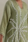 Buy_One Not Two_Green Kaftan Crushed Silk Hand Embroidered Flower V-neck Asymmetric Pant Set _Online_at_Aza_Fashions