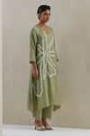 Shop_One Not Two_Green Kaftan Crushed Silk Hand Embroidered Flower V-neck Asymmetric Pant Set _Online_at_Aza_Fashions