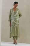 Buy_One Not Two_Green Kaftan Crushed Silk Hand Embroidered Flower V-neck Asymmetric Pant Set 