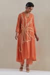 Buy_One Not Two_Orange Kaftan Crushed Silk Hand Embroidered Flower V-neck Asymmetric Set _at_Aza_Fashions