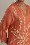 Buy_One Not Two_Orange Kaftan Crushed Silk Hand Embroidered Flower V-neck Asymmetric Set _Online_at_Aza_Fashions