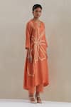 Shop_One Not Two_Orange Kaftan Crushed Silk Hand Embroidered Flower V-neck Asymmetric Set _Online_at_Aza_Fashions