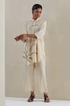 Buy_One Not Two_Off White Shirt Kurta Crushed Silk Hand Embroidered Flower Collared With Pant _at_Aza_Fashions