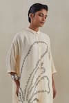 One Not Two_Off White Shirt Kurta Crushed Silk Hand Embroidered Flower Collared With Pant _at_Aza_Fashions