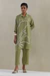 Buy_One Not Two_Green Shirt Kurta Crushed Silk Hand Embroidered Flower Collared With Pant _at_Aza_Fashions