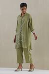 Shop_One Not Two_Green Shirt Kurta Crushed Silk Hand Embroidered Flower Collared With Pant 