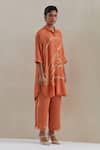 Buy_One Not Two_Orange Shirt Kurta Crushed Silk Hand Embroidered Flower Collared And Pant Set _at_Aza_Fashions