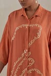 Shop_One Not Two_Orange Shirt Kurta Crushed Silk Hand Embroidered Flower Collared And Pant Set _Online_at_Aza_Fashions