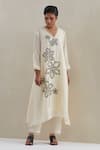 Buy_One Not Two_Off White Kurta Crushed Silk Hand Embroidered Floral V-neck Pant Set _at_Aza_Fashions