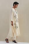 One Not Two_Off White Kurta Crushed Silk Hand Embroidered Floral V-neck Pant Set _Online_at_Aza_Fashions