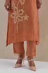 One Not Two_Orange Kurta Crushed Silk Hand Embroidered Floral V-neck Set _Online_at_Aza_Fashions