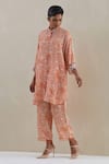 One Not Two_Orange Shirt Kurta Crushed Silk Embroidered Sequins Floral Print And Pant Set _at_Aza_Fashions