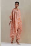 Buy_One Not Two_Orange Kaftan Crushed Silk Hand Embroidered Sequins Notched Bead And Pant Set 