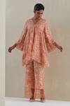 Buy_One Not Two_Orange Kurta Crushed Silk Hand Embroidered Floral V-neck With Bell Bottom Pant _at_Aza_Fashions