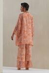 Shop_One Not Two_Orange Kurta Crushed Silk Hand Embroidered Floral V-neck With Bell Bottom Pant _at_Aza_Fashions