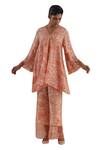 One Not Two_Orange Kurta Crushed Silk Hand Embroidered Floral V-neck With Bell Bottom Pant _at_Aza_Fashions