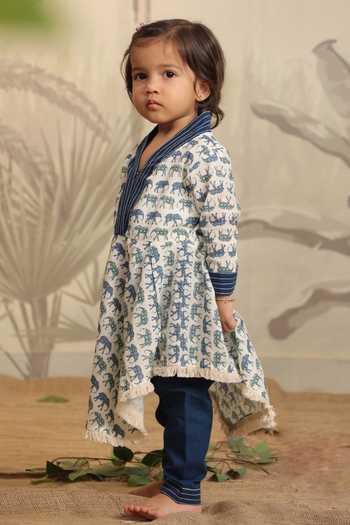 Buy_Cute Couture_Blue Cotton Lace Elephant Print Asymmetric Top With Pant _Online_at_Aza_Fashions