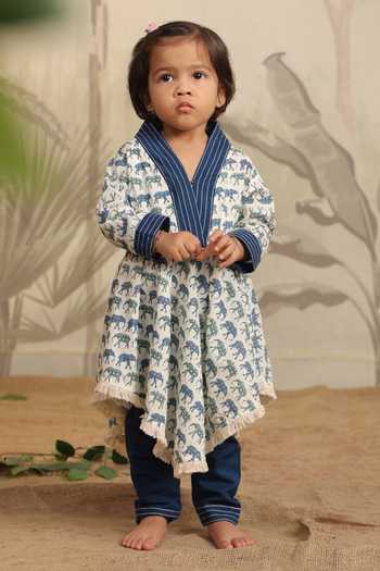 Buy_Cute Couture_Blue Cotton Lace Elephant Print Asymmetric Top With Pant _at_Aza_Fashions