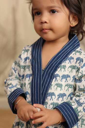 Cute Couture_Blue Cotton Lace Elephant Print Asymmetric Top With Pant _at_Aza_Fashions