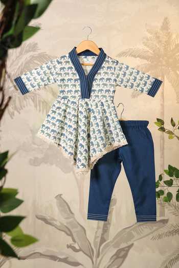 Buy_Cute Couture_Blue Cotton Lace Elephant Print Asymmetric Top With Pant 