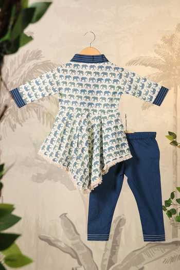 Shop_Cute Couture_Blue Cotton Lace Elephant Print Asymmetric Top With Pant 