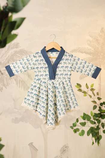 Cute Couture_Blue Cotton Lace Elephant Print Asymmetric Top With Pant _Online