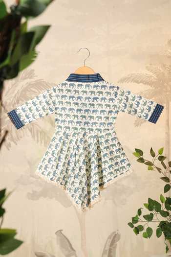 Buy_Cute Couture_Blue Cotton Lace Elephant Print Asymmetric Top With Pant _Online