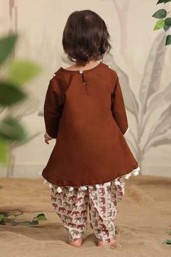 Shop_Cute Couture_Brown Cotton Pom-poms Elephant Print Kurta With Dhoti Pant _at_Aza_Fashions