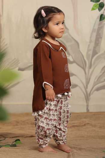 Buy_Cute Couture_Brown Cotton Pom-poms Elephant Print Kurta With Dhoti Pant _Online_at_Aza_Fashions