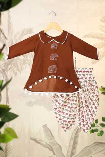 Shop_Cute Couture_Brown Cotton Pom-poms Elephant Print Kurta With Dhoti Pant _Online_at_Aza_Fashions