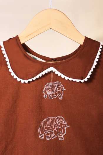 Buy_Cute Couture_Brown Cotton Pom-poms Elephant Print Kurta With Dhoti Pant 