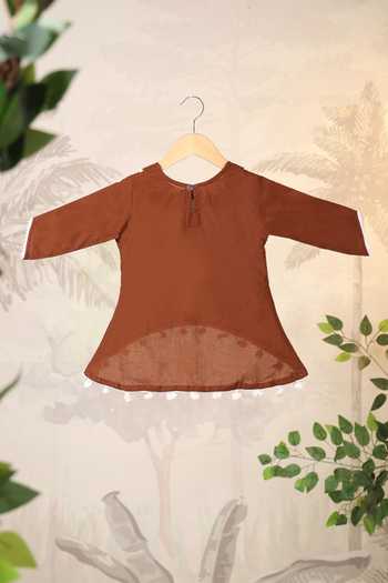 Shop_Cute Couture_Brown Cotton Pom-poms Elephant Print Kurta With Dhoti Pant 