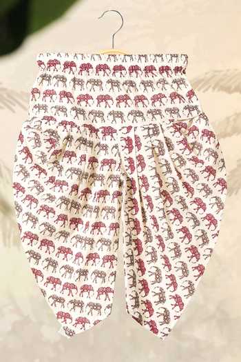 Cute Couture_Brown Cotton Pom-poms Elephant Print Kurta With Dhoti Pant _Online