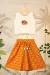 Cute Couture_Beige Cotton Printed Elephant Embroidered Top And Skirt Set _at_Aza_Fashions