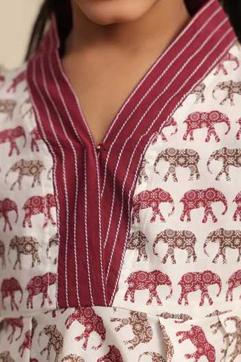 Cute Couture_Wine Cotton Asymmetric Elephant Print Top With Pant _Online_at_Aza_Fashions
