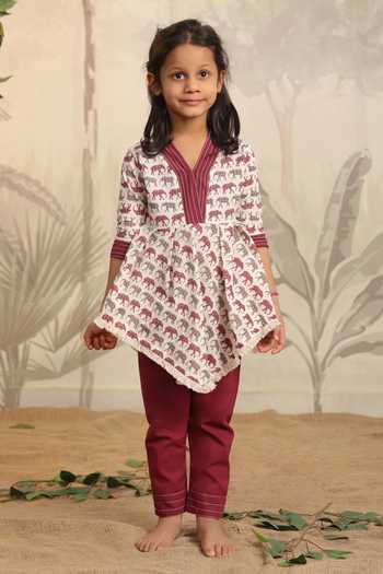 Buy_Cute Couture_Wine Cotton Asymmetric Elephant Print Top With Pant _at_Aza_Fashions