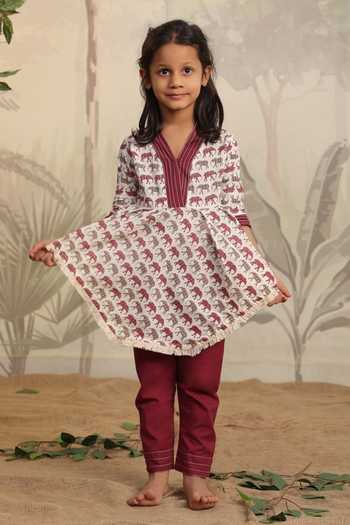 Shop_Cute Couture_Wine Cotton Asymmetric Elephant Print Top With Pant _at_Aza_Fashions