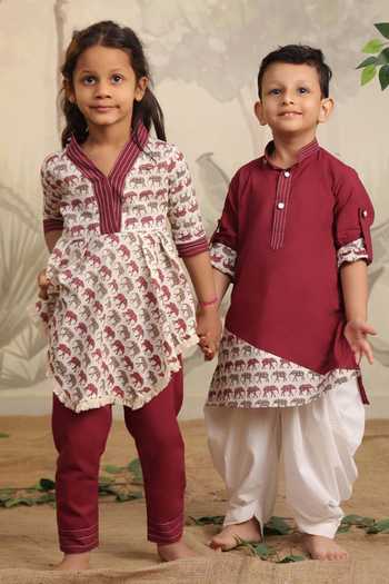 Cute Couture_Wine Cotton Asymmetric Elephant Print Top With Pant _Online
