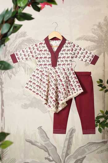 Buy_Cute Couture_Wine Cotton Asymmetric Elephant Print Top With Pant _Online