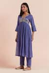 Buy_Priya Chaudhary_Blue Soft Chanderi Embroidered Floral Notched Round Yoke Kurta _at_Aza_Fashions