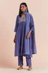 Buy_Priya Chaudhary_Blue Soft Chanderi Embroidered Floral Notched Round Yoke Kurta With Pant 