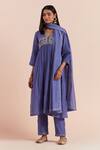 Buy_Priya Chaudhary_Blue Soft Chanderi Embroidered Floral Notched Round Yoke Kurta Pant Set _at_Aza_Fashions