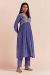 Buy_Priya Chaudhary_Blue Soft Chanderi Embroidered Floral Notched Round Yoke Kurta Pant Set _Online_at_Aza_Fashions