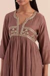 Priya Chaudhary_Brown Soft Chanderi Embroidered Floral Notched Round Yoke A-line Kurta _at_Aza_Fashions